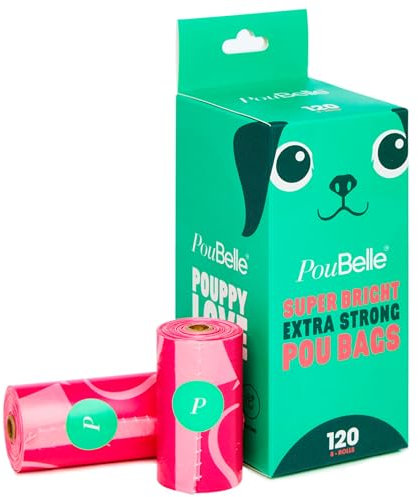 PouBelle Dog Poop Bags - Bright Pink Colour - Super Reliable - Extra Large Strong - Dog Poo Bag - Leak-Proof - Tear Resistant - Scented Dog Waste Bags - Dispenser Compatible - 8 Rolls Refill - 120