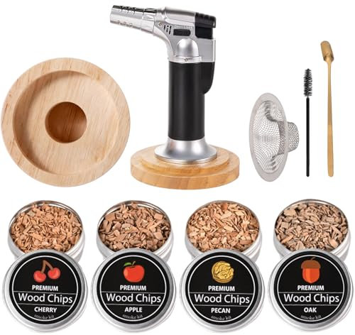 Kit fumoir à whisky | Kit fumoir à cocktail avec torche, 4 saveurs en copeaux de bois à l'ancienne, cadeau d'anniversaire pour mari, homme, papa