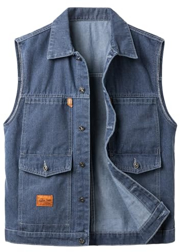 Yukirtiq Gilet Homme en Jeans Multi Poches Veste Courte sans Manches en Jean Vintage Gilet Denim de Moto Rétro Cowboy Gilet Jean, Bleu, 4XL