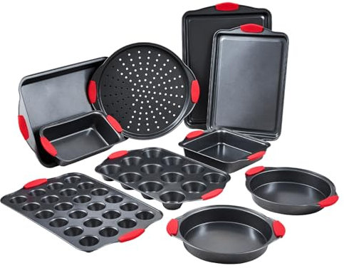 VEVOR Moule à pâtisserie, lot de 10, moule à charnière antiadhésif en acier au carbone, plaque et plateau de cuisson empilable avec poignée en silicone, pour cuisson de biscuits, gâteaux muffins, noir