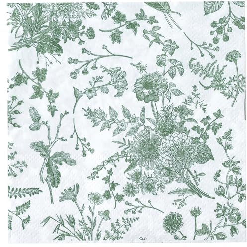 RUSPEPA Lot de 25 serviettes d'invité à motif floral vert - Serviettes en papier toile verte et blanche pour fête prénatale et de mariage, goûter, fête de jardin (12,7 x 12,7 cm) 5 x 5 po
