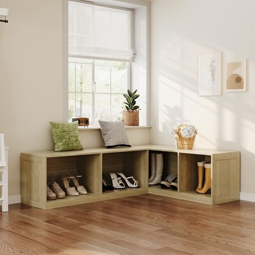 ECACAD L-Shape Shoe Storage Bench with 4 Storage Compartments, Modern Farmhouse Wooden Entryway Corner Bench with Wood Grain for Hallway, Oak