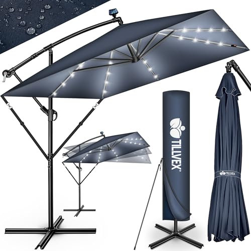 tillvex® Parasol déporté LED solaire Rectangulaire Ø330cm + Housse de Protection & contre le vent | Parasol à manivelle carré + support | pour le jardin Extérieur