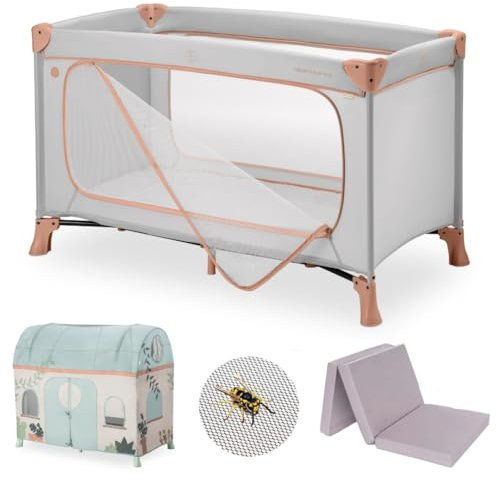 hauck Kinderreisebett Dream N Play Plus – XXL Zubehörpaket mit Matratze, Spielzelt & Insektenschutz, faltbar & klappbar, Tasche & großem Eingang – Dusty Cork