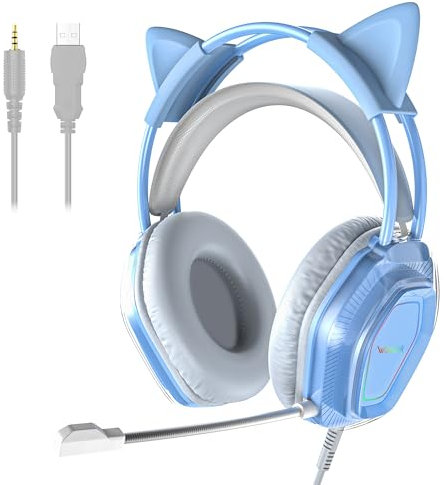 Auriculares Gaming Wantak con Micrófono – Orejas de Gato (Conexión 3.5mm/USB) – Cascos para PC/PS5/Xbox – Cancelación de Ruido, Sonido HiFi 20-20.000Hz – Ligero y Cómodo para Chicas (Azul)