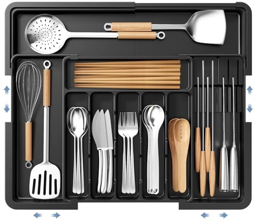 Axrye Organizador de Cubiertos Expandible, Bandeja Cubiertos Cajon Cubertero Con 2 bloques de cuchillos extraíbles, 6-9 ranuras Bandeja para Cubiertos Extensible 33-53 cm Para cucharas, tenedores