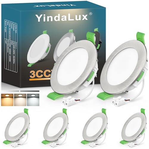 YindaLux LED infälld spotlight 230V dimbar 8W 800LM takspotlights nickel platta LED-spotlights 230V 75-90 mm IP44 infällda badrumslampor 2700K 4000K 6500K set med 6