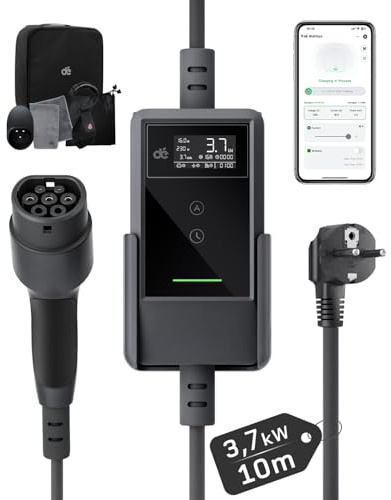 dé 3,7 kW elbilsladdare med app [10 m, 6–16 A] schuko laddkabel för elbil med väggfäste, digital LCD-laddare av typ 2, kompatibel med E-208, Model Y, E-Tech och andra elbilar/laddare med hybridteknik | Plug & Play, LCD-skärm, IP66, RCD typ A 30 mA AC 6 mA DC integrerad, laddningskabel typ 2 schuko för EV/PHEV,