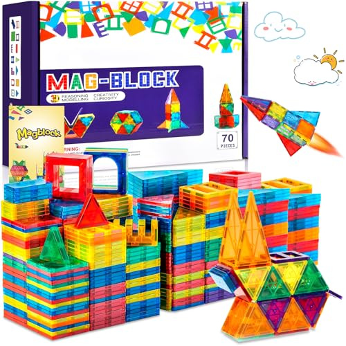 JUQG 70Pcs Bloques de Construcción Magnéticos, 3D Juguetes de Construcción Magnéticos, Juguetes Educativos de Bloques de Construcción, Regalo de Juguete Magnético para Más de 3 Niños y Niñas (70Pcs)