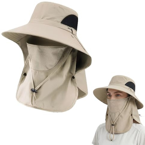 HYRKOTW Sombrero de pescador unisex de ala ancha con protección UV, cubrebocas extraíble, transpirable y ajustable, ideal para senderismo, pesca y safaris (beige).