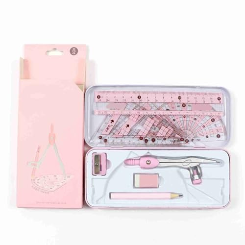 Walfront Math Geometri Kit Plast Metal Ritningsset 8 Delar med Linjaler Gradskiva Kompass Blyertssuddgummi för Elever Lärare Ingenjörer Skola Kontor Hemanvändning (Rosa)