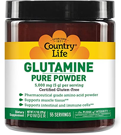 Country Life Glutamine Pure Powder - 5000mg L-Glutamine - Muscle Tissue, Gut Health, Immune Support - Gluten-Free Certified - Ideal Pre/Post Workout Amino Acid Supplement, 55 Servings, 9.7oz