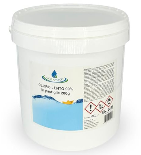 acquaverde | Cloro Lento 90%, 10 kg di Tricloro in Pastiglie da 200 grammi per Piscina, 90/200 a Lenta Dissoluzione, Trattamento per Mantenere Costante il Livello del Cloro nell' Acqua di Piscine
