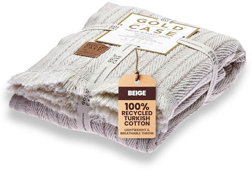 Gold Case Throw Blanket for Couch - 100% Recycled Turkish Cotton Blankets & Throws - Vintage Soft Throw Blankets for Living Room - Boho Decorative Woven Couch Blanket - 50x60 - Beige