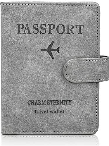 JQGO Passport Holder Cover, Travel Wallet with RFID Blocking, Case Organiser for Men&Women Soft PU Leather Travel Accessories for Credit Cards Boarding Passes (Grey)