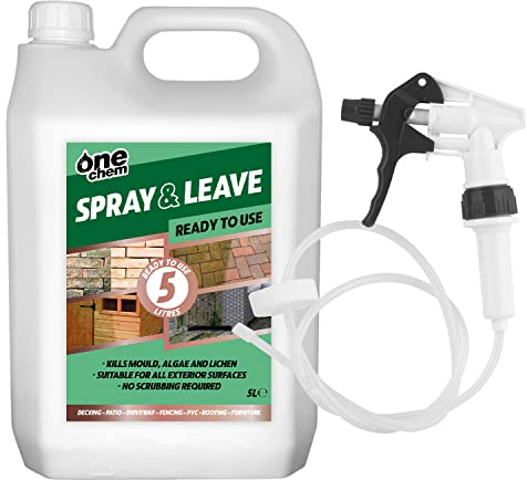 One Chem 5 Litre Ready To Use Spray and Leave with added Long Hose Trigger Spray - Fencing Patio Decking Driveway - Green Algae and Mould Killer
