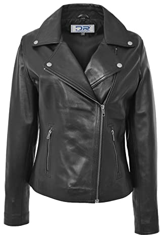 DR216 Veste de motard en cuir pour femme Noir, Noir , 46