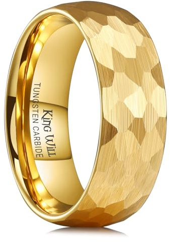 King Will Mens GLORY Wedding Rings Hammered Tugnsten Wedding Band for Men Gold Plated Engagement Ring 8mm Width Comfort Fit Craftsman Collection Size 11