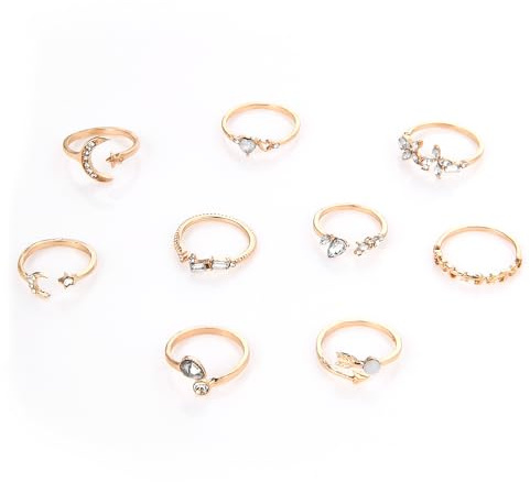 TIESOME 9 PCS Gold Stackable Knuckle Star Moon Rings Set for Women Girls Teen, Boho Vintage Cute Rings for Christmas Gifts