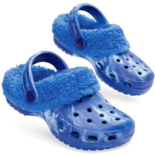 CityComfort Clogs for Girls, Winter Slippers with Soft Sherpa Fleece Lining & Adjustable Strap, Slip-on Indoor House Mules (12 UK, Tie-Dye Blue)
