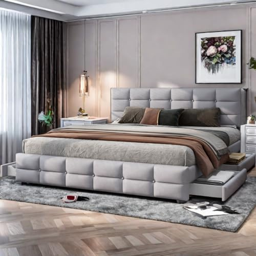 Letto Matrimoniale con contenitore 180 x 200 con rete a doghe e schienale, letto imbottito on spazio di archiviazione, letto matrimoniale con 4 scomparti e testiera, per adulti e ragazzi, grigio