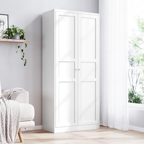 Yizosh Metal Storage Cabinet - 71 White Kitchen Pantry with 2 Doors and 5 Adjustable Shelves, 5-Tier Tall Steel Locker for Living Room, Dining Room
