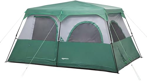 Amazon Basics 10-Person Instant Camping Tent with Rainfly, Easy Setup, Weather-Resistant, for Family Camping and Hiking, Mesh Windows, Ventilation, Storage Pockets, Green