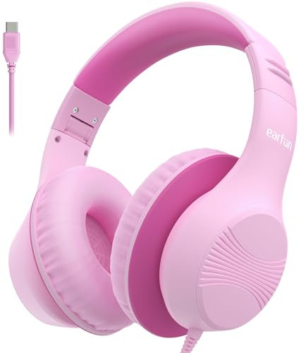 EarFun Kinder Kopfhörer mit USB-C Kabel, 85dB Lautstärkenbegrenzer, Komfortables Tragen, Hi-Fi Klang, Faltbare, 8-stufig Verstellbares Kopfband, Over Ear Kinderkopfhörer für Schule/Tablet/PC, Rosa