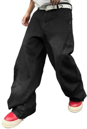 Zewool Herren Baggy Jeans mit unregelmäßigen Nähten lässige Mode Y2K Hip Hop Wide Leg Denim-Hosen Streetwear lockere Passform gerade Beinform entspannter Schnitt Skater Skateboard,A Schwarz,M