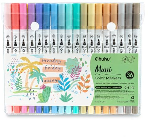 Ohuhu Dual Brush Pen Set, 36 Pastellfarben Filzstiftet auf Wasserbasis Stifte Set für Erwachsene für Kalligraphie Zeichnung Manga Malbuch Handlettering Stifte für Mandalas, Maui-Serie