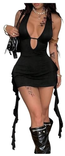 SOLY HUX Women's Sexy Halter Mini Dress Open Back Y2k Deep V Neck Backless Ruffle Fringe Bodycon Club Dresses Plain Black Small