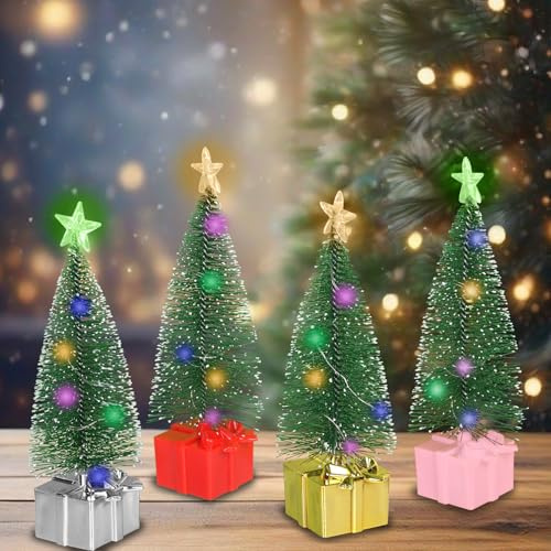 4Pcs Mini Cedar Christmas Tree With LED Lights Tabletop Christmas Trees Decoration, Miniature Christmas Trees Xmas Artificial Table Tree with Lights for Home Office Desktop Christmas Tree