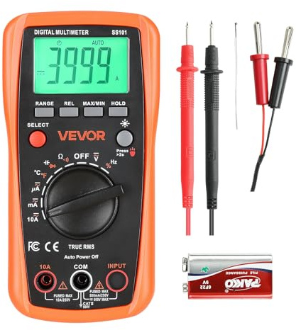 VEVOR Digital multimeter, 4 000 räknare TRMS DC/AC-spänningsmätare, multimeter med automatiskt val för strömmätning, spänning, motstånd, kapacitet, temperatur, dioder, kontinuitet