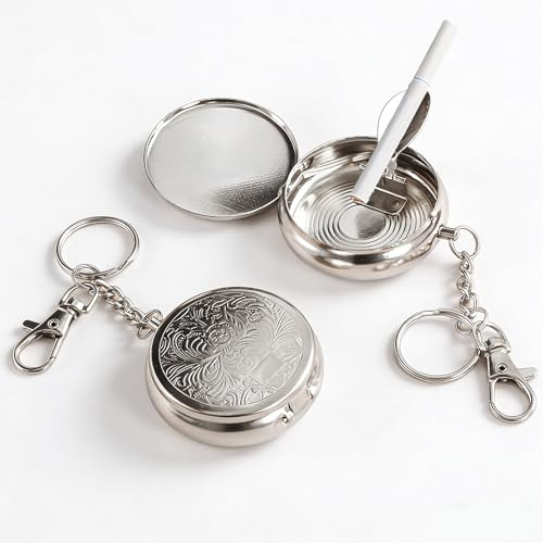 JOOTUEPO 2 Pcs Portable Ashtray, Pocket Ashtray with Lid, Mini Round Stainless Steel Vehicle Cigarette Ashtrays with Key Chain, Portable Cigarette Ash for Travelling and Outdoor Use