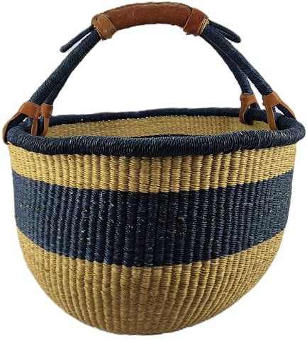 Cesto Rotondo Bolga Grande circa Ø 40 x 40 cm – Artigianale dal Ghana – Fair Trade – Cesto per la Spesa con Manico in Pelle – Blu-Naturale