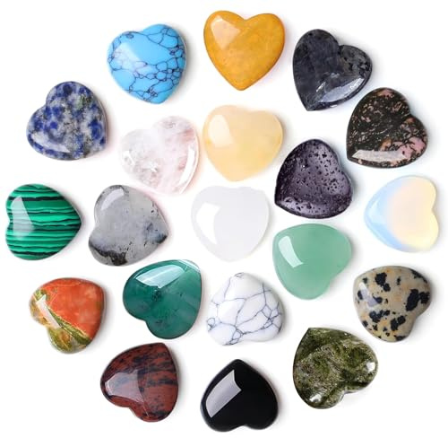 Hshenjhu 20pcs Pierre Cœur Cristal Naturel Multicolore Chakra Méditation | Pierre précieuse naturelle forme cœur Énergie positive porte-bonheur Yoga méditation chakra reiki décoration cadeau