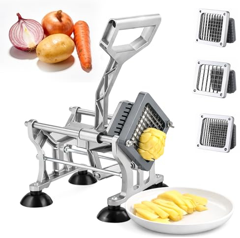 Orifesio Cortador de Patatas, Cortador de Patatas Fritas con Cuchillas de Acero Inoxidable de 6 mm, 9 mm y 13 mm, Corta Patatas Manual con Base de Ventosa, para Patatas, Zanahorias, Pepinos, Cebollas