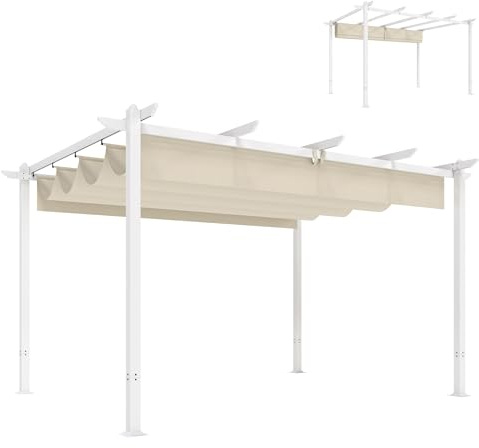 Outsunny Pérgola de Jardín 4x3 m con Techo Retráctil, Cenador de Jardín con Protección UPF30+, Orificios de Drenaje, Estructura Metálica, Pabellón para Patio, Terraza, Exterior, Beige