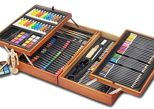 BAKAJI Valigetta in Legno Pittore Set 185 Pezzi Assortiti Colori Pittura Pastelli Acquerelli Pennelli e Accessori Disegno Set Artistico Professionale per Artisti Hobbisti e Principianti