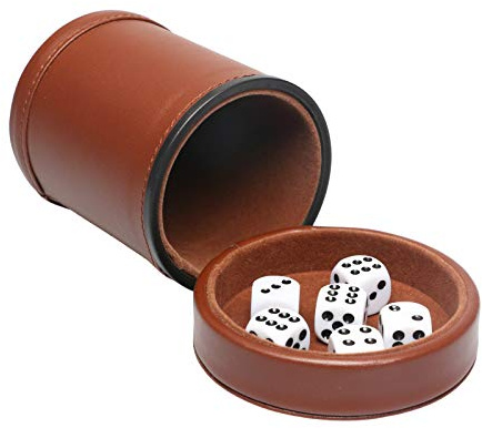 RERIVER PU Leather Dice Cup Set with Lid Dark Brown Felt Lining Quiet Shaker Cup Includes 6 Dot Dice for Liars Dice Farkle Yahtzee Board Games, 1 Pack