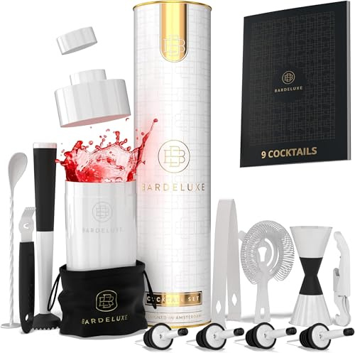 BarDeluxe® Kit de Cocteleria de 12 Piezas, Set de Cocteleria | Set Cocteleria Profesional, Juego de Coctelera, Cocktail Kit | Coctelera 750 ml, Coctelería Kit | Elegante Caja de Regalo, Bolsa (Blanco)