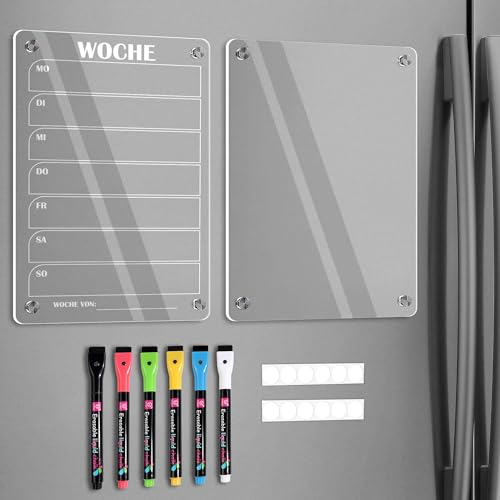BIROYAL 2 Stück Wochenplaner Abwischbar, Acryl Wochenplaner Magnetisch, Kühlschrank Kalender Magnetisch, Transparent Planungstafeln mit 6 Whiteboard-Stift Haushaltsplan