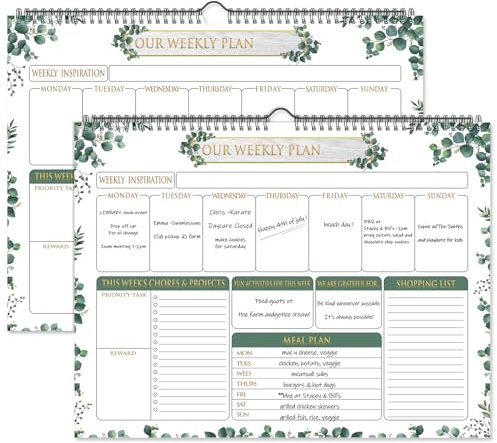 Fulmoon 2 Pcs 52 Sheets Weekly Planner 13 x 17'' Family Planner Spiral Weekly Calendar Habit Tracker Calendar Family Meal for Wall Planning Organizing Goals Tasks Chores(Eucalyptus)