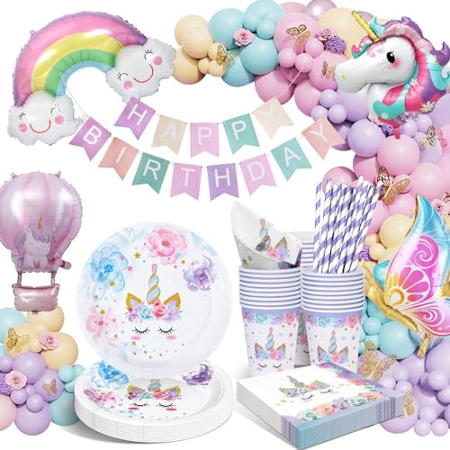 HLEIUKT Assiettes Anniversaire Licorne, Kit Deco Anniversaire Fille, Decoration Avec Ballon pour Fille Enfants Baby Shower 16 Invités