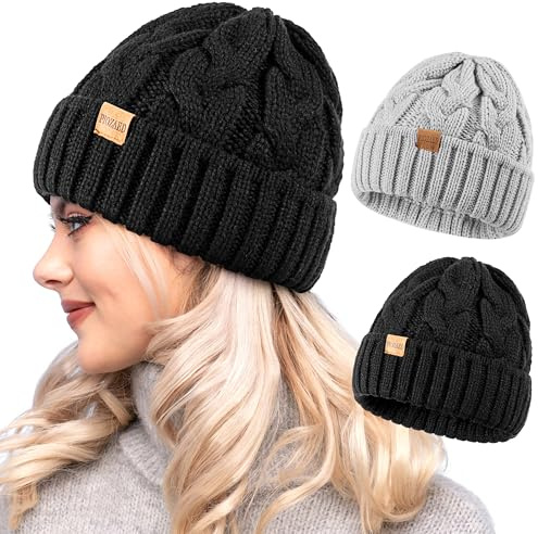 PIOZAED Bonnet d'hiver tricoté pour Femme Chaud Bonnet pour 2 Packs