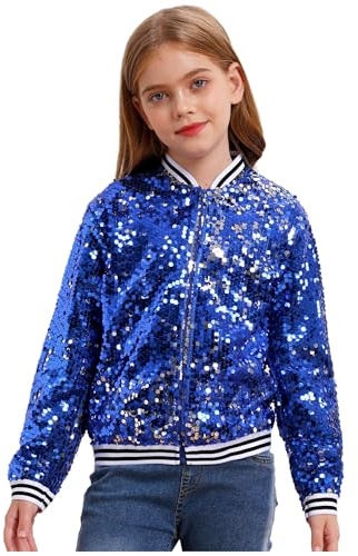 Linjinx Enfant Filles Blazer à Paillette Court Manteau Ajusté Zippé Veste Brillante à Manches Longues Blouson Haut de Danse Disco Soirée Chemise Décontractée 5-16 ans