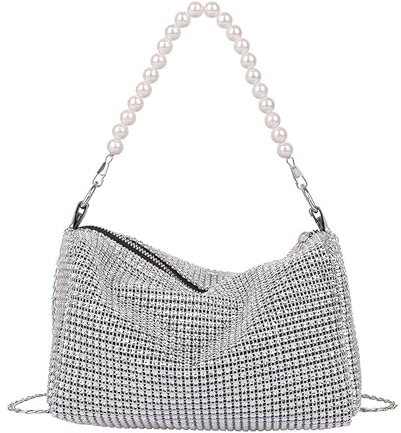 lomdung Damen Clutch mit Abnehmbarer Kette, Metallisch Pailletten Abendtasche mit Strass-Steinen, Elegante Envelope Tasche Handgefertigt, Cross Body Umhängetasche für Hochzeit Party Bankett, Silber