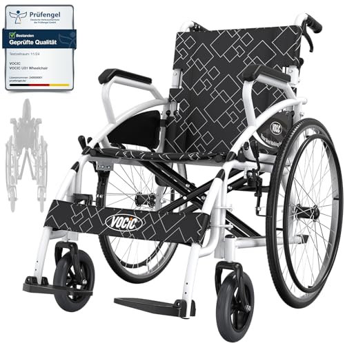 VOCIC U31 Rollstuhl Faltbar Leicht Transportrollstühl bis 150KG,Doppelbremsen Design RollstüHle mit Selbstantrieb für Senioren(17.5kg),Reise-Rollstuh mit 60cm Groß Hinterrad (Weiß)