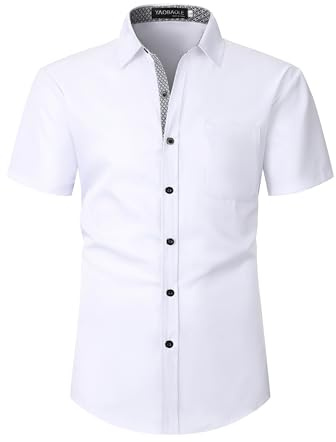 YAOBAOLE Camicia da uomo a maniche corte, senza stirare, con bottoni sul colletto, elasticizzata, da business, per matrimonio, da cerimonia, con tasca sul petto, bianco, XL