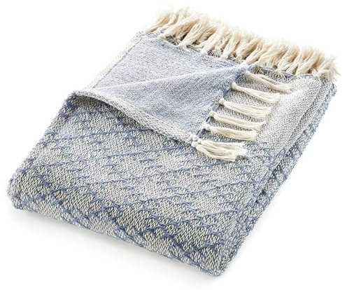 HUG RUG Woven Trellis Throw Denim Blue - Perfect for Indoor and Outdoor, Washable, Stain Resistant, UV Stable 130 x 180cm